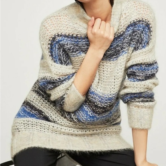 BCBG Max Azria L Oversized Sweater Mohair Blend Shaggy Striped Open Weave Chunky - Picture 2 of 8